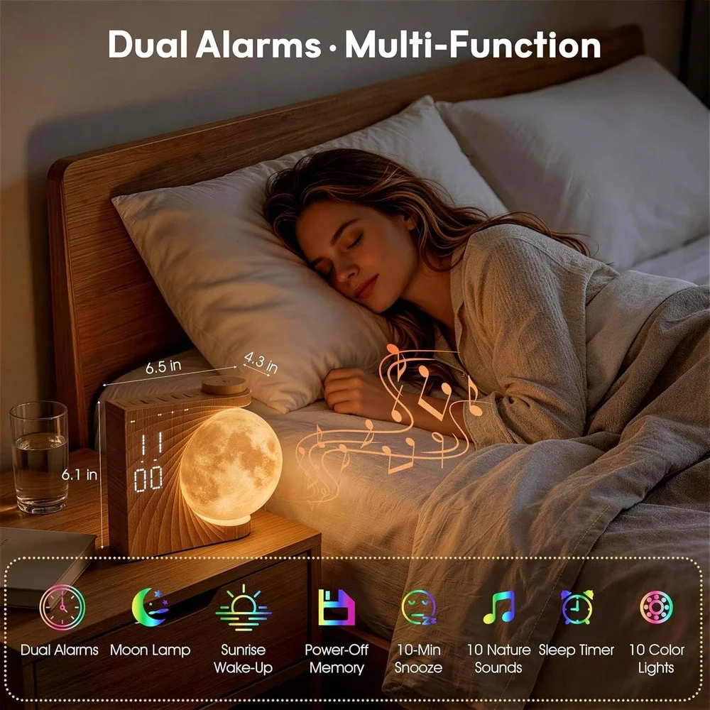 AIRIVO Sunrise Alarm Clock Moon Lamp Wood Grain Sound Machine New